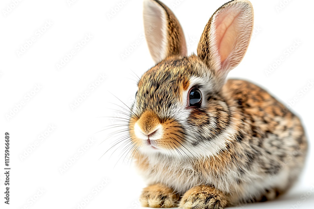 Obraz premium Adorable Young Brown Rabbit Sitting Against White Background