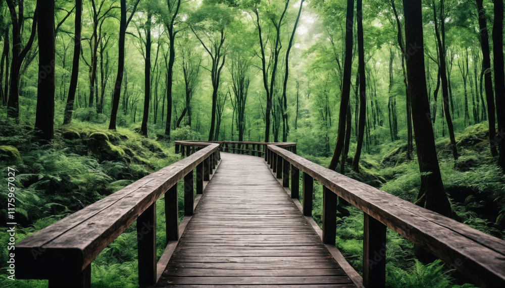 Serene wooden pathway winds through lush green forest in tranquil nature setting Serene wooden pathway winds through lush green forest in tranquil nature setting