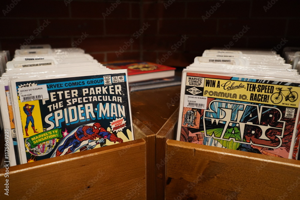 Fototapeta premium paris, france ,01 01 2025 : collection of american comics in the bookstore, Spiderman , Star Wars