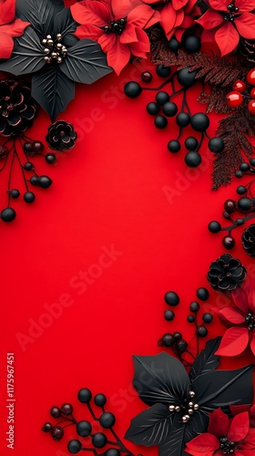 Red Christmas Background with Black Flowers and Berries - Festive Card Design