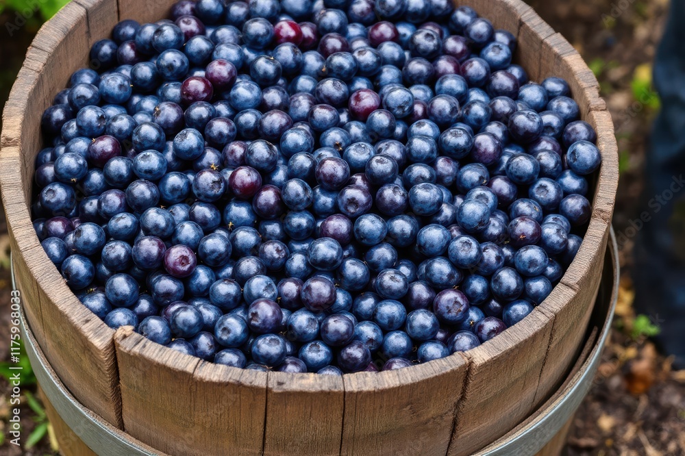 A bucket of blueberries in a small wooden barrel A bucket of blueberries in a small wooden barrel
