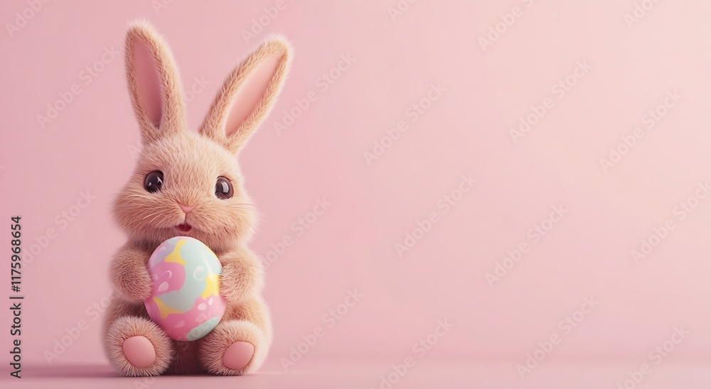 Fototapeta premium Cute Easter Bunny with Colorful Egg on Pink Background