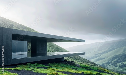 With a flat roof and a rectangular shape, this modern, minimalist café building is surrounded by verdant hills and a hazy sky, Generative AI.