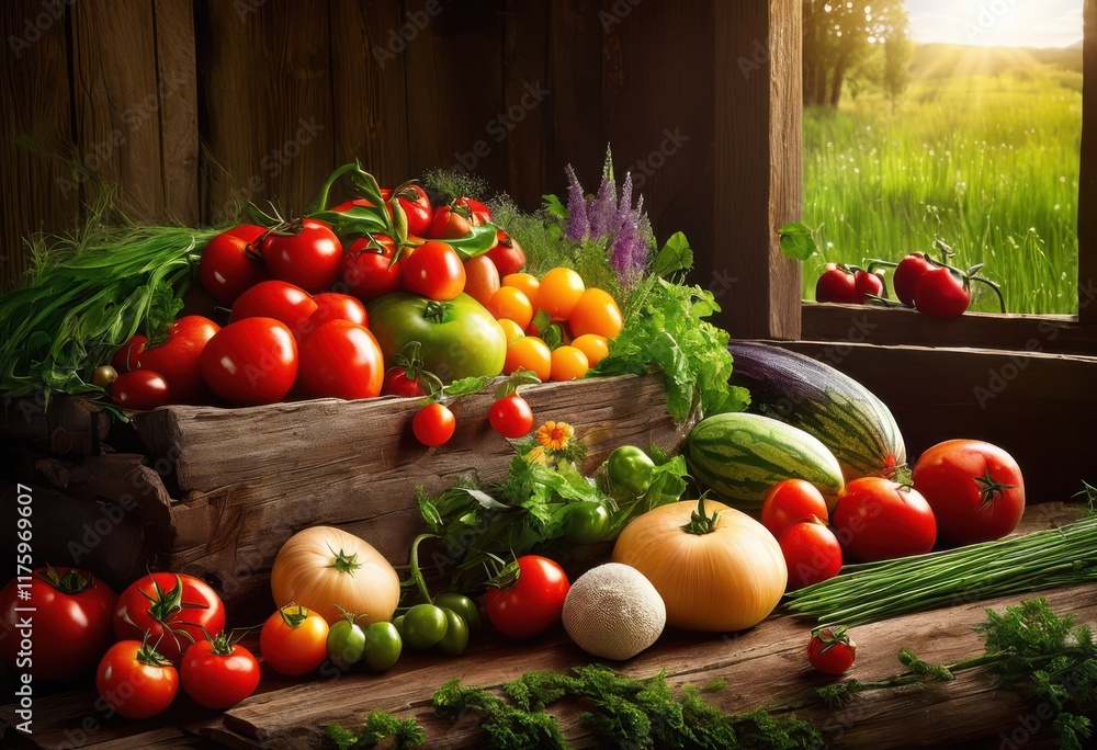 colorful arrangement fresh farm produce displayed rustic textured wooden surface natural elements, basket, vegetables, fruits, greenery, carrots, tomatoes colorful arrangement fresh farm produce displayed rustic textured wooden surface natural elements, basket, vegetables, fruits, greenery, carrots, tomatoes