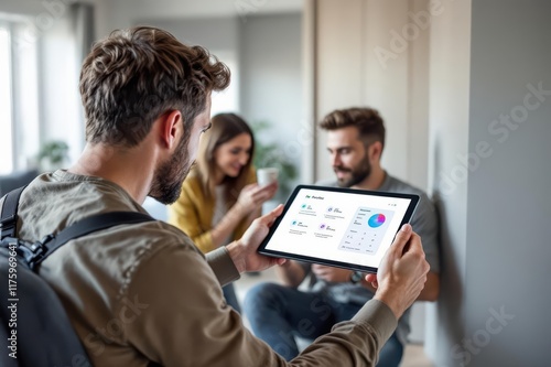 Man setting up a smart home unit with digital tablet in eco modern home