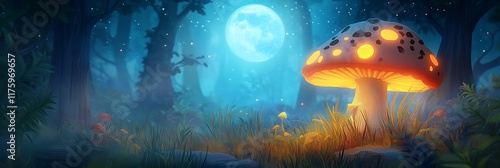 Mushroom emoji with spotted cap  glowing faintly in a magical forest under moonlight