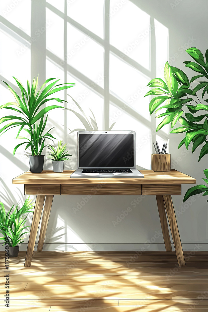 Fototapeta premium Home office desk workspace with laptop and plants illustration