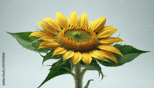 Vibrant sunflower stands tall against a pale background during a sunny day in mid-summer