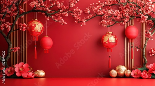 A vibrant Chinese New Year background featuring blooming cherry blossoms and traditional lanterns