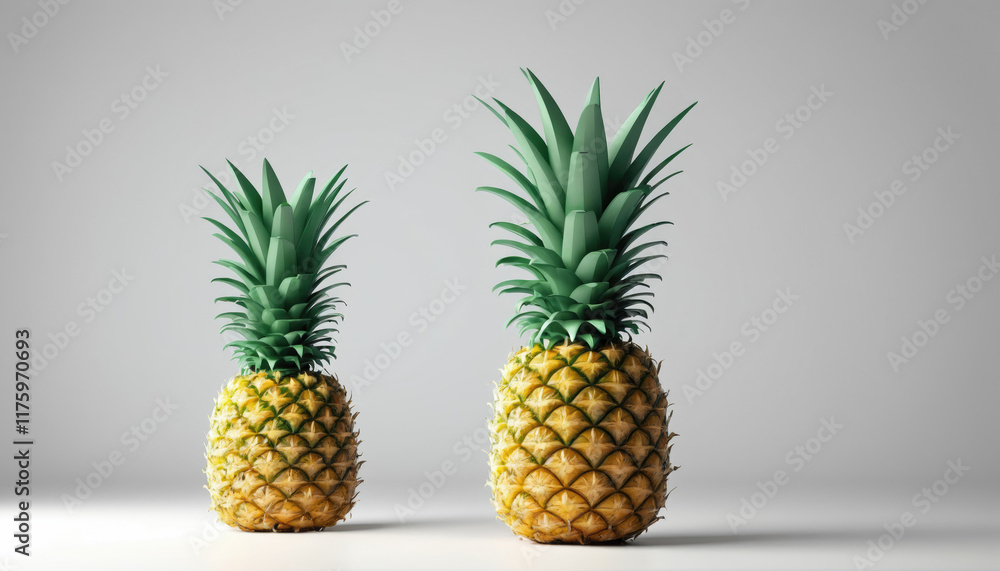 Two fresh pineapples with vibrant green foliage displayed against a simple background Two fresh pineapples with vibrant green foliage displayed against a simple background