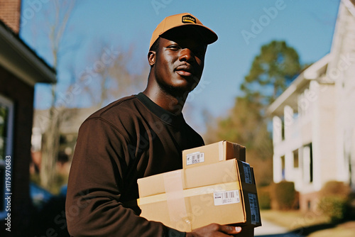 delivery professional organizing packages, residential neighborhood photo