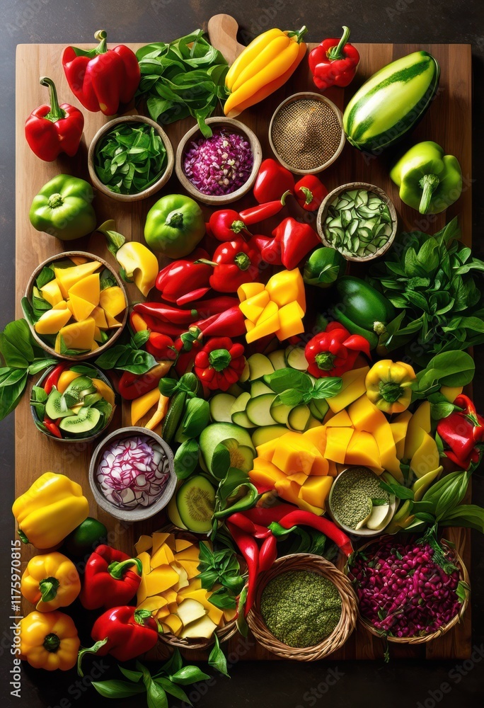 vibrant display colorful ingredients artfully arranged lively kitchen countertop capturing culinary diversity, vegetables, fruits, spices, herbs, bowls vibrant display colorful ingredients artfully arranged lively kitchen countertop capturing culinary diversity, vegetables, fruits, spices, herbs, bowls