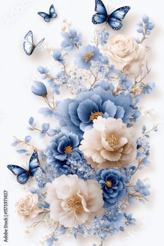 Elegant blue chinoiserie floral pattern featuring butterflies on a white background for vintage-inspired decor
