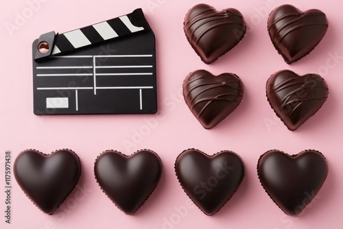 Heart-shaped chocolates arranged around a clapperboard on a pink background for a movie night celebration photo