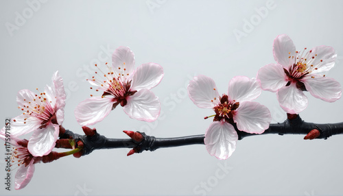 Delicate cherry blossoms bloom on a branch against a soft grey background in early spring