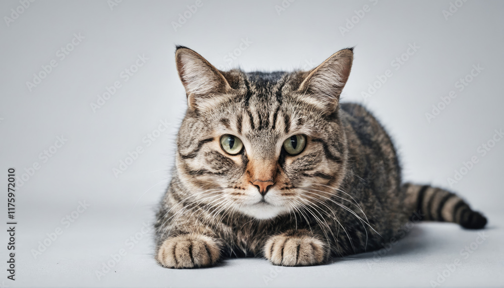 Obraz premium Striped cat resting on a light background showing its alert expression and poised stance