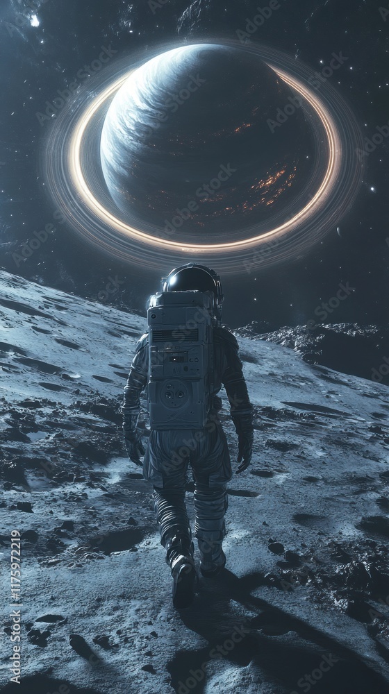 Obraz premium Astronaut Exploring an Alien Landscape with a Distant Gas Giant and Ring System in a Dark Cosmic Background