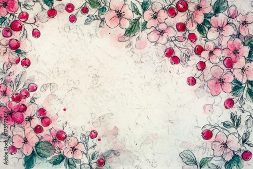 Delicate hand drawn floral doodle featuring vibrant pink flowers and red berries on a softly textured background. Generative AI photo