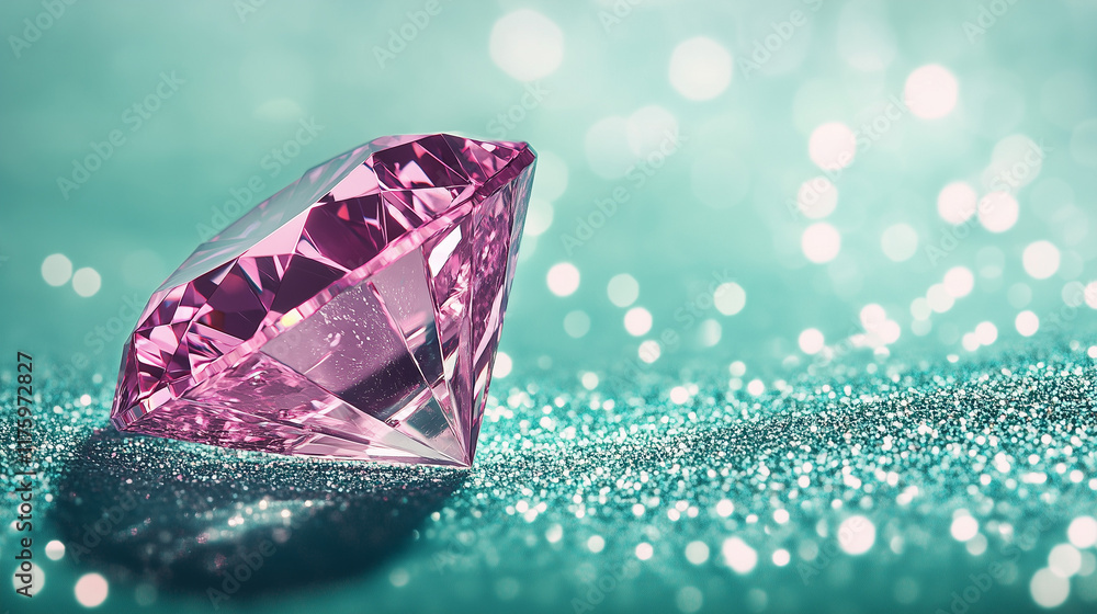 Large pink diamond against a sparkling teal glitter background Large pink diamond against a sparkling teal glitter background