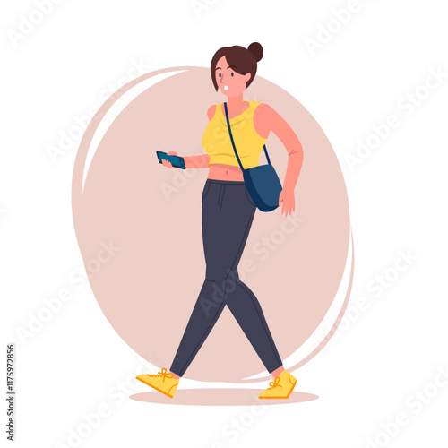 Hipster girl pose vector flat illustration. Cartoon latina female character with tied hair in stylish jeans, sneakers and shoulder bag, brunette woman walking and holding a smartphone