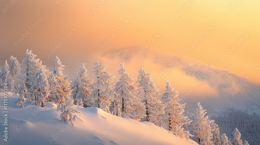 Winter sunrise illuminates snow-covered trees on a mountain range in a serene landscape Winter sunrise illuminates snow-covered trees on a mountain range in a serene landscape