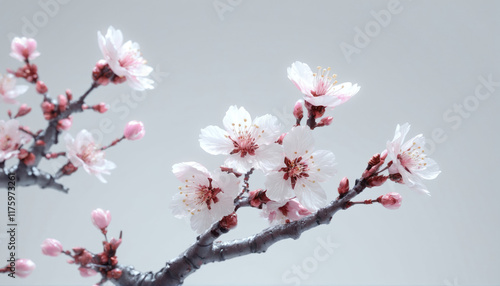 Cherry blossom branch in bloom showcasing delicate pink flowers against a soft gray background