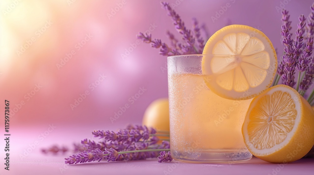 Refreshing lavender lemonade garnished with lemon slices and lavender sprigs in a minimalistic setting on a light purple bokeh background. Soft summer drink, herbal lemonade