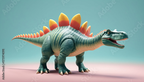 Colorful dinosaur toy stands on a soft surface against a pastel background during daylight