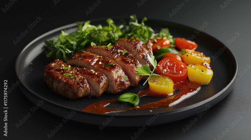 Sliced Grilled Steak with Roasted Cherry Tomatoes and Fresh Greens on a Black Plate: Gourmet Dinner. generative ai Sliced Grilled Steak with Roasted Cherry Tomatoes and Fresh Greens on a Black Plate: Gourmet Dinner. generative ai