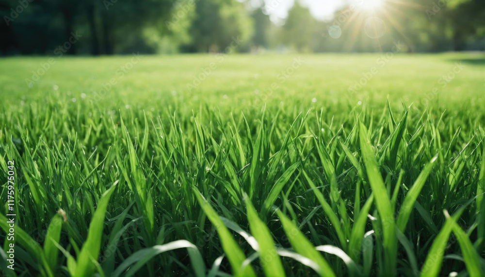 Obraz premium Vibrant green grass illuminated by sunlight in a serene outdoor setting during late afternoon