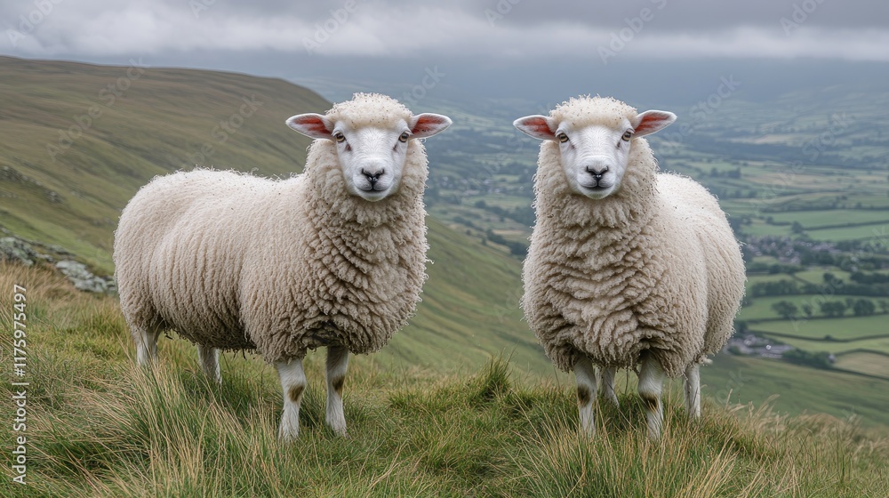 Obraz premium Two Fluffy Sheep on a Hillside Pasture
