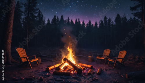 Gathering around a cozy campfire under a starry sky in a secluded forest at night