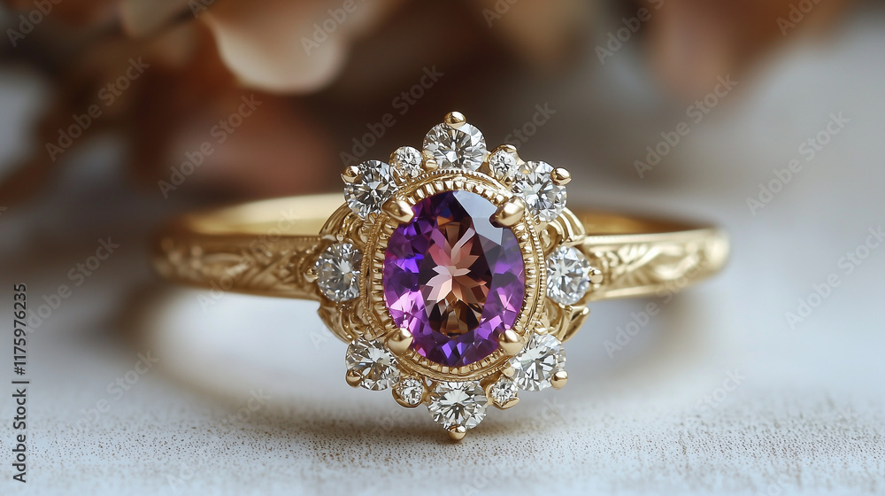 Fototapeta premium Rainbow sapphire diamond engagement ring with floral engravings 