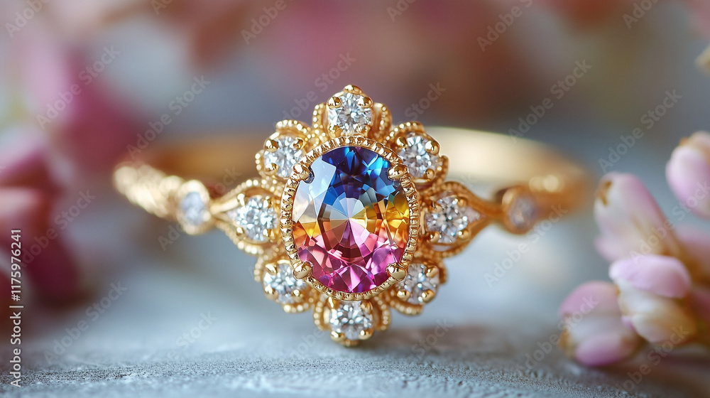 Fototapeta premium Rainbow sapphire diamond engagement ring with floral engravings 