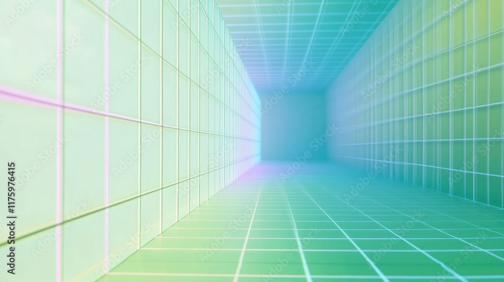 Futuristic 3D Visualization of a Vibrant Grid Tunnel with Soft Neon Colors Illuminating the Smooth Surfaces and Creating an Ethereal Ambiance