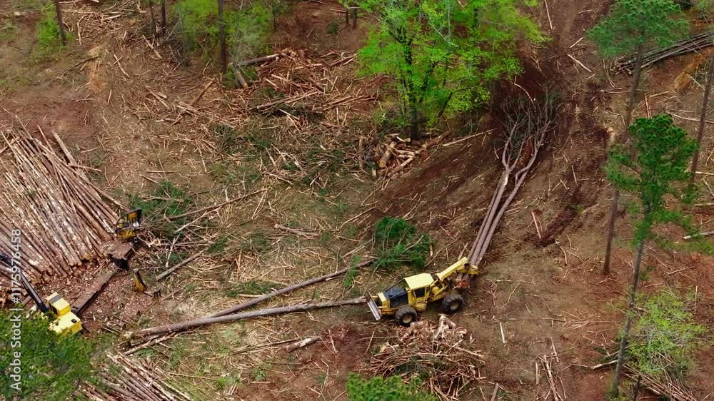 Forest Industry: Aerial Shot of Heavy Machinery Logging Trees in a Georgia Forest Forest Industry: Aerial Shot of Heavy Machinery Logging Trees in a Georgia Forest