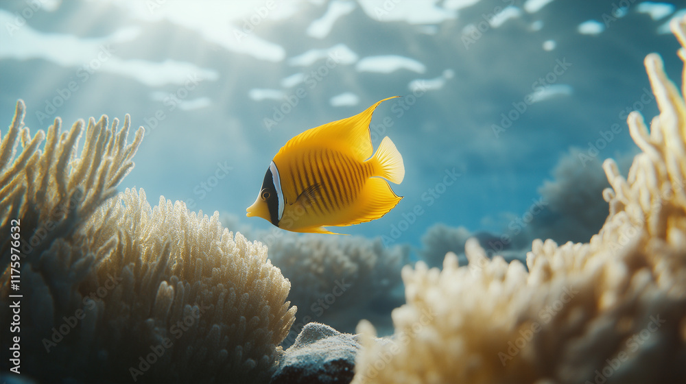 Obraz premium Bright yellow tropical fish swimming through a vibrant coral reef.
