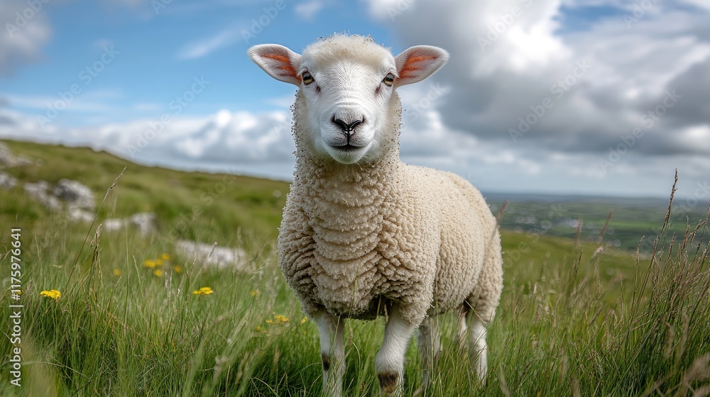Fototapeta premium A Fluffy White Sheep Grazes In Green Pasture