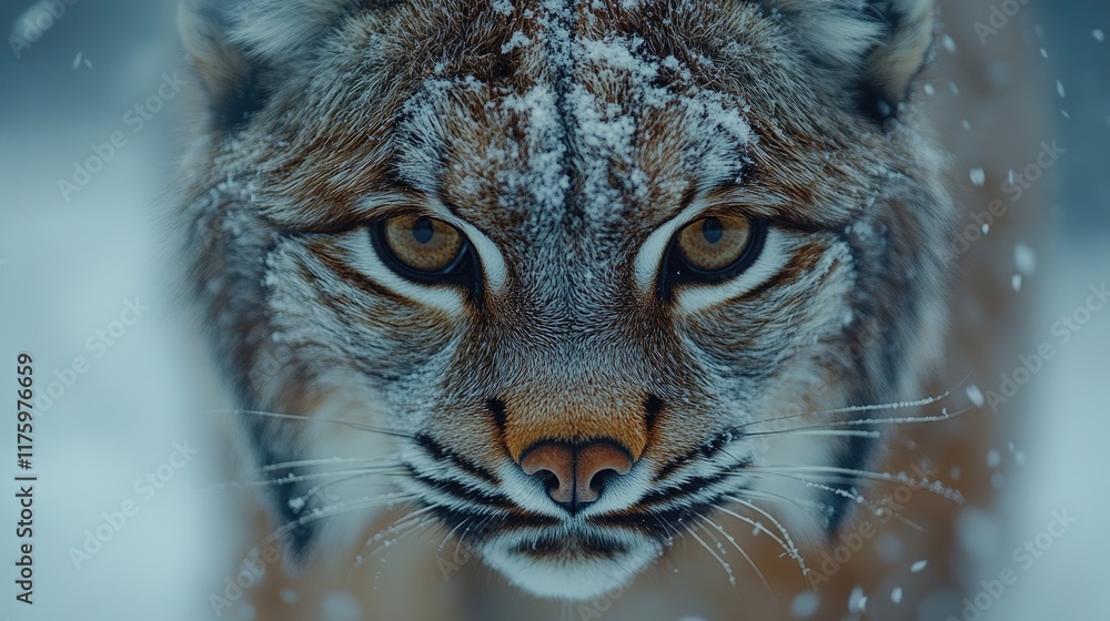 Fototapeta premium Snow Covered Lynx Close Up Winter Portrait