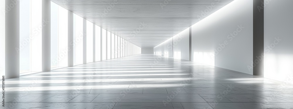 Obraz premium Sunlit minimalist hallway with bright windows and clean lines