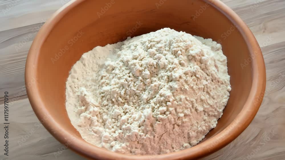Wheat flour in a rustic terracotta bowl illuminated by natural light, highlighting its soft, powdery texture, ideal for baking, homemade recipes, and kitchen essentials Wheat flour in a rustic terracotta bowl illuminated by natural light, highlighting its soft, powdery texture, ideal for baking, homemade recipes, and kitchen essentials