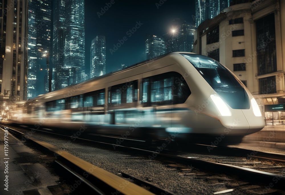 Fototapeta premium urban illuminated train cityscape night zooming futuristic