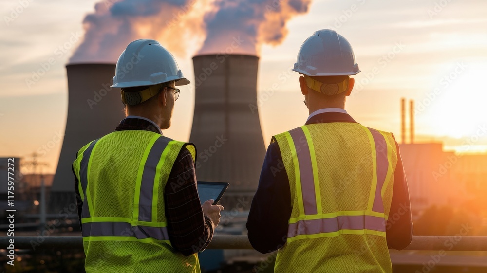Engineers observing power plant operations at sunset Engineers observing power plant operations at sunset