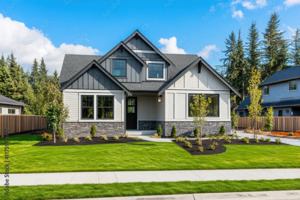 A contemporary home featuring a beautifully landscaped yard nestled in a charming suburban neighborhood, all set against a backdrop of a clear blue sky A contemporary home featuring a beautifully landscaped yard nestled in a charming suburban neighborhood, all set against a backdrop of a clear blue sky