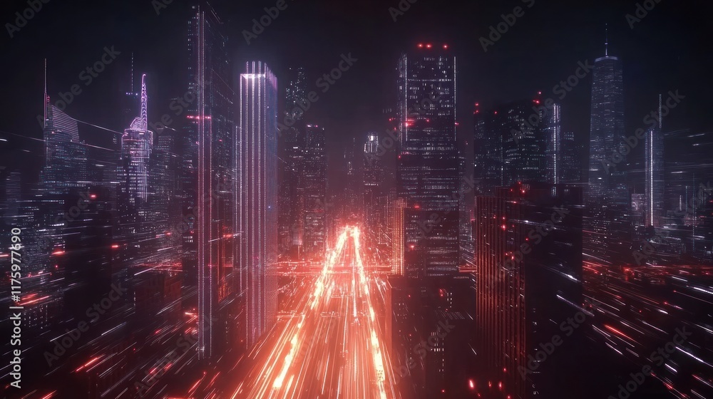 Vibrant Night Cityscape with Flowing Traffic Lights Creating a Futuristic Atmosphere Over Tall Skyscrapers and Bright Neon Lights Illuminating the Urban Landscape