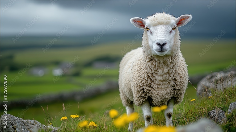 Fototapeta premium A Single Sheep Stands in a Green Pastoral Field