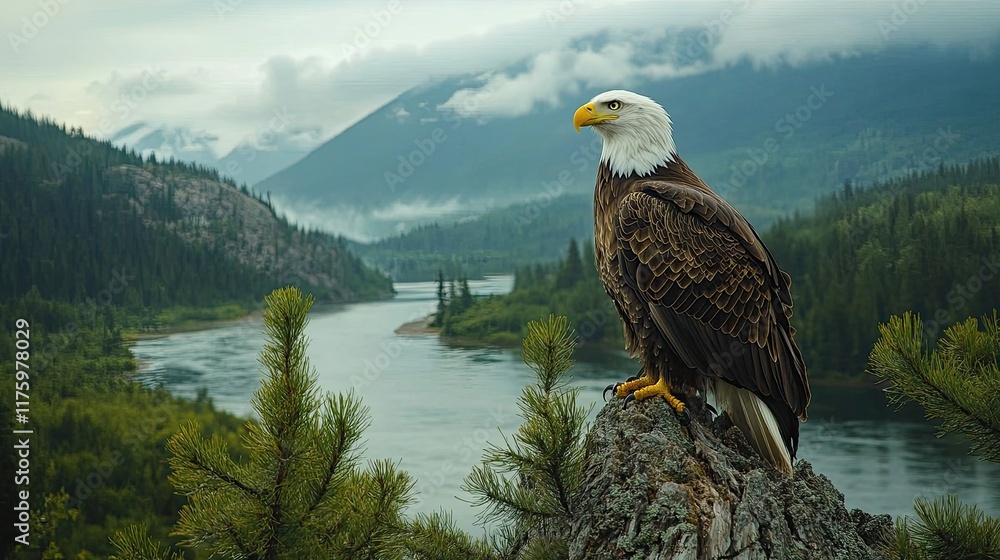 Fototapeta premium Majestic Bald Eagle Perched High Above a Serene River Valley