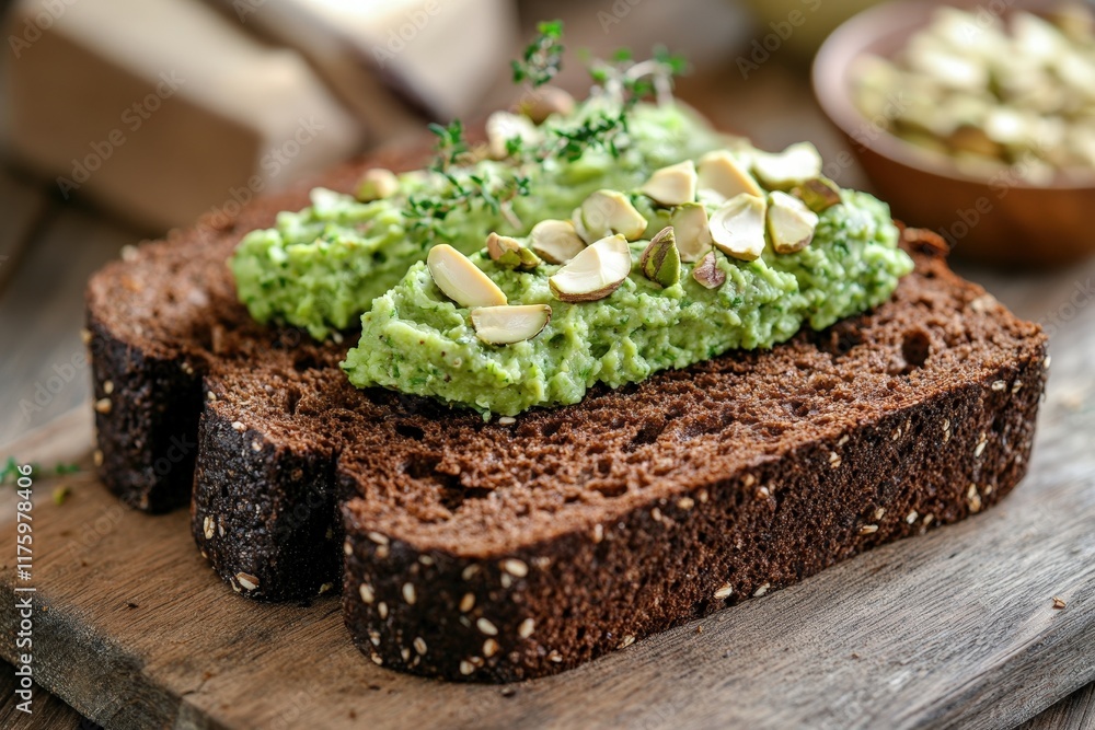 Delicious avocado spread on whole grain bread with almonds and herbs Delicious avocado spread on whole grain bread with almonds and herbs