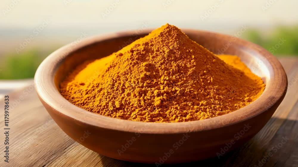 Golden turmeric powder in a rustic terracotta bowl glowing under natural light, perfect for health-conscious cooking, spice blends, and wellness product photography Golden turmeric powder in a rustic terracotta bowl glowing under natural light, perfect for health-conscious cooking, spice blends, and wellness product photography