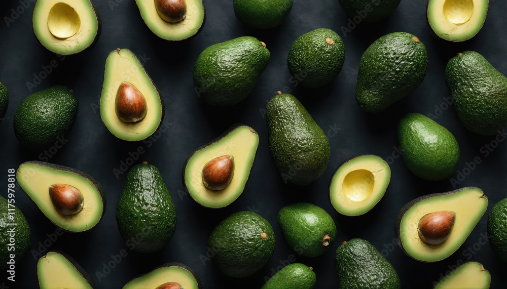Avocados displayed on a dark surface showcasing different cut and whole variations Avocados displayed on a dark surface showcasing different cut and whole variations